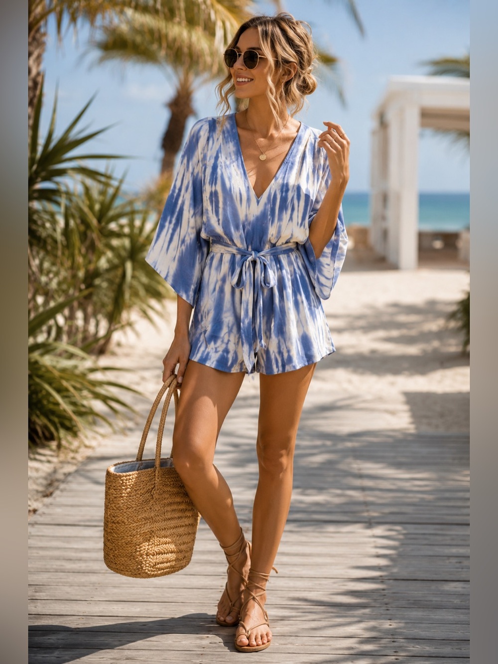 Lulus Blue White Tie Dye Romper Boho Beach Vacation Cover Up S